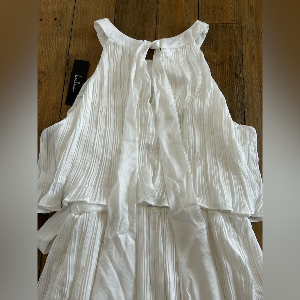 LULUS Celebrate Chic White Ruffled Plisse Halter Mini Dress Bridal - Picture 6 of 14